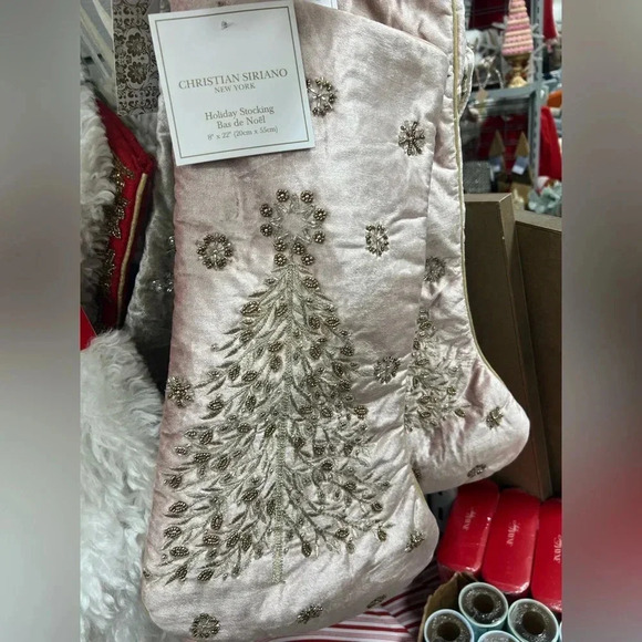 Christian Siriano Blush Velvet Holiday Stocking with Beaded Tree Design - Picture 4 of 6